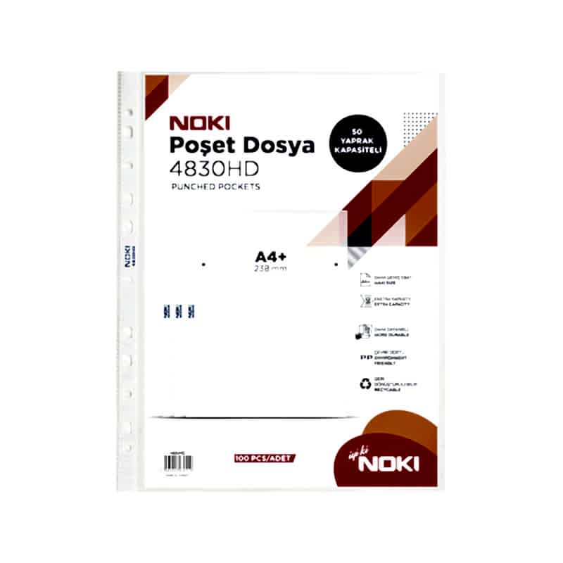 Noki 4830 HD Delikli Şeffaf Poşet Dosya A4 100'lü Paket resmi