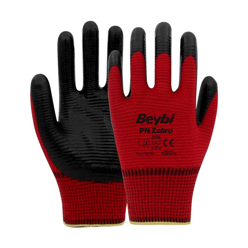 Beybi PN Zebra Nitril Kaplı Polyester İş Eldiveni No:10 XL Kırmızı Sİyah resmi