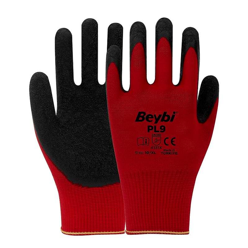 Beybi PL9 Lateks Kaplı Polyester Camcı İş Eldiveni No:10 XL Kırmızı Siyah resmi