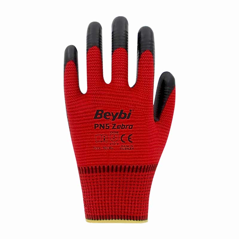 Beybi PN Zebra Nitril Kaplı Polyester İş Eldiveni No:10 XL Kırmızı Sİyah (12 Adet) resmi