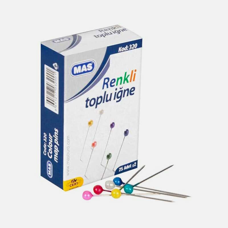 Mas 320 Plastik Başlı Toplu İğne 32 mm 25 Adet - Karışık Renkli