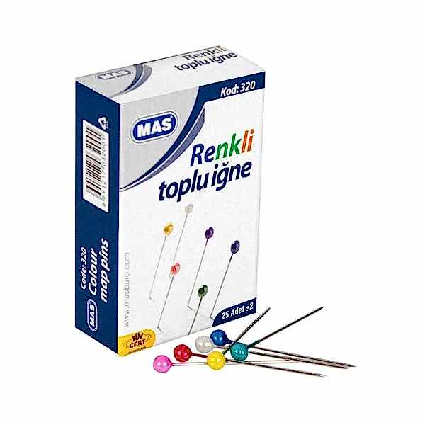 Mas 320 Plastik Başlı Toplu İğne 32 mm 25 Adet - Karışık Renkli