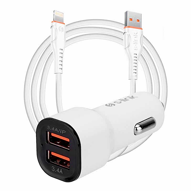 S-link SL-EC30L Lightning Kablolu 3.4A 2 USB Araç Şarj Cihazı - Beyaz resmi