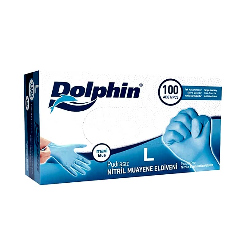 Dolphin Nitril Pudrasız Muayene Eldiveni Large 100'lü - Mavi resmi