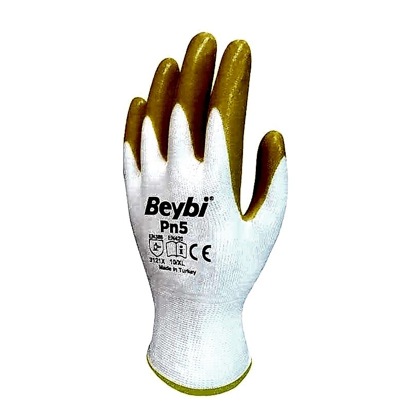 Beybi Nitril İş Eldiveni Pamuk No:10 XL PN5 Sarı-Beyaz
