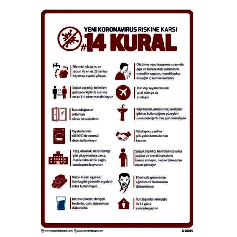 Virüse Karşı 14 Kural Uyarı Levhası 35x50 U10090