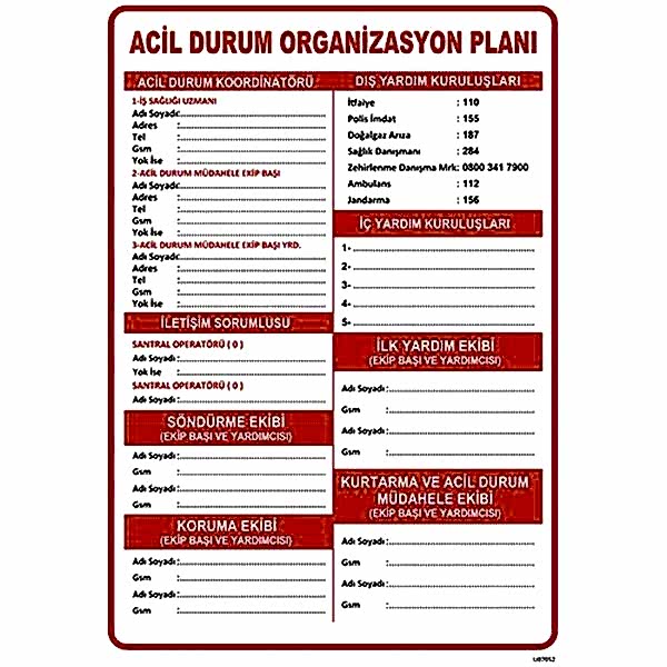 Acil Durum Organizasyon Planı Uyarı Levhası U07052