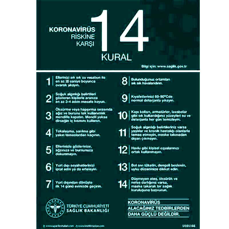 Koronavirüs Riskine Karşı 14 Kural Uyarı Levhası U10116