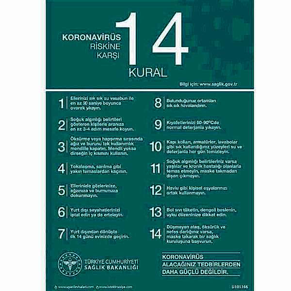 Koronavirüs Riskine Karşı 14 Kural Uyarı Levhası U10116